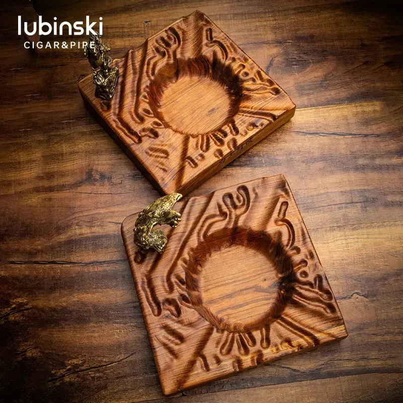 Handcrafted African Sandalwood Cigar Ashtray Square Brass Sculpture Three Slot Portable Holder Premium Luxury Tabletop