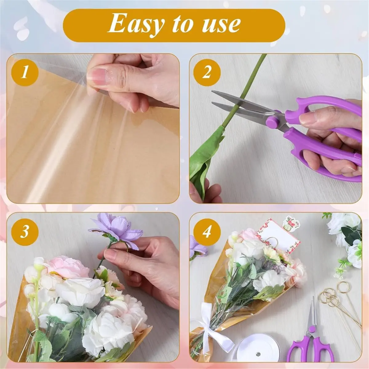 Oct Sale 100 Pcs Flower Bags for Bouquets, with 50 Floral Card Holders, Ribbons and Scissors Floral for Florist Wrap Supplies