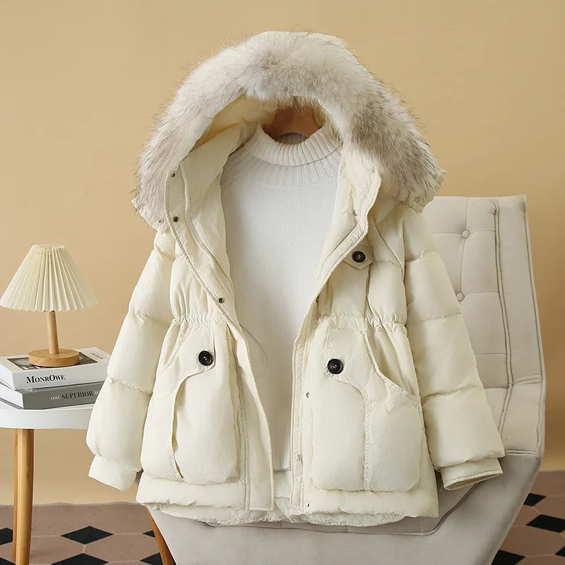 Plus Size Women Winter Down Coat Loose Thickening Large Real Raccoon Fur Collar 90% White Duck Down Jacket 2746