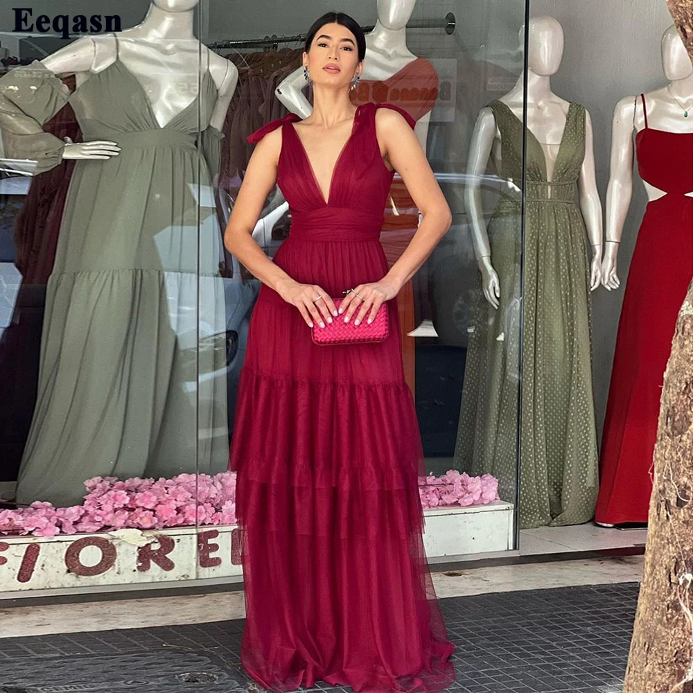 

Eeqasn Classic Burgundy Tulle Formal Prom Dresses Women Evening Gowns Sexy V-Neck Tiered Skirt Wedding Party Bridesmaid Dress