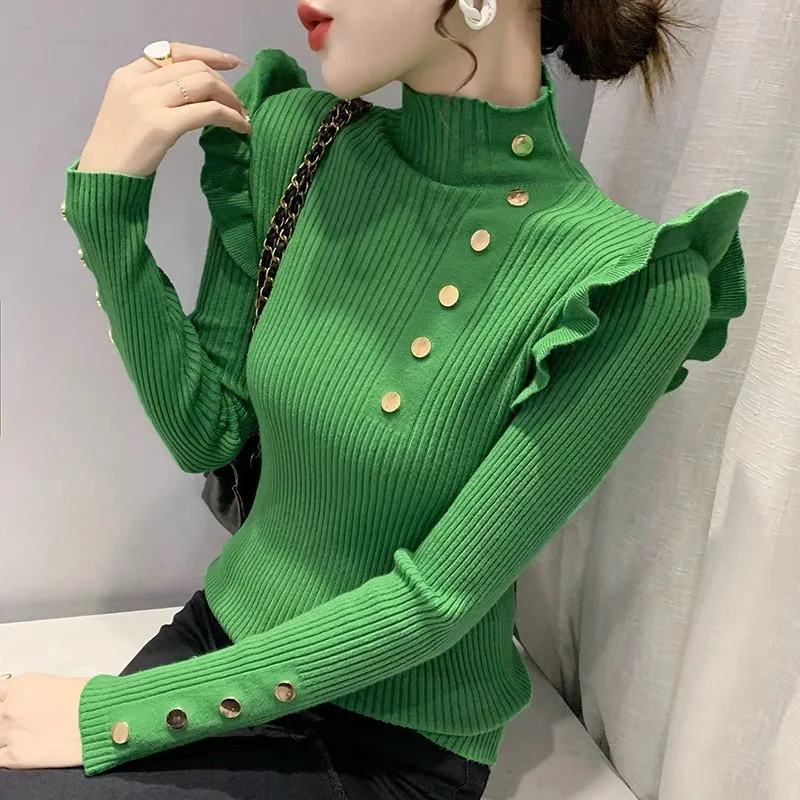 Women Butterfly Sleeve Sweater 2023 Korean Turtleneck Basic Knitted Pullover All-Match Office Lady Korean Basic Knitwear Top