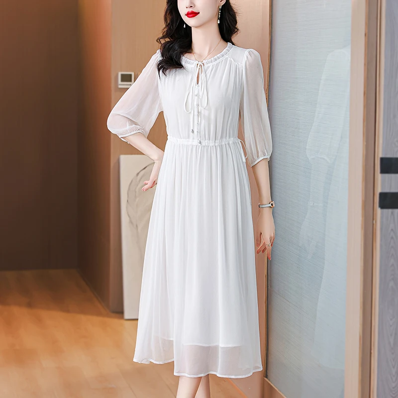 Boho White Silk Chic Appliques Midi Dress Women Summer Elegant Bodycon Ruffled Vestidos 2024 Korean Fashion Casual Solid Dress