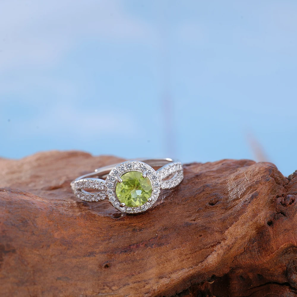 

Real S925 Sterling Silver Peridot Ring 6.5mm Round Cut Olive Green Gemstone Boho Jewelry for Women Birthstone Gifts