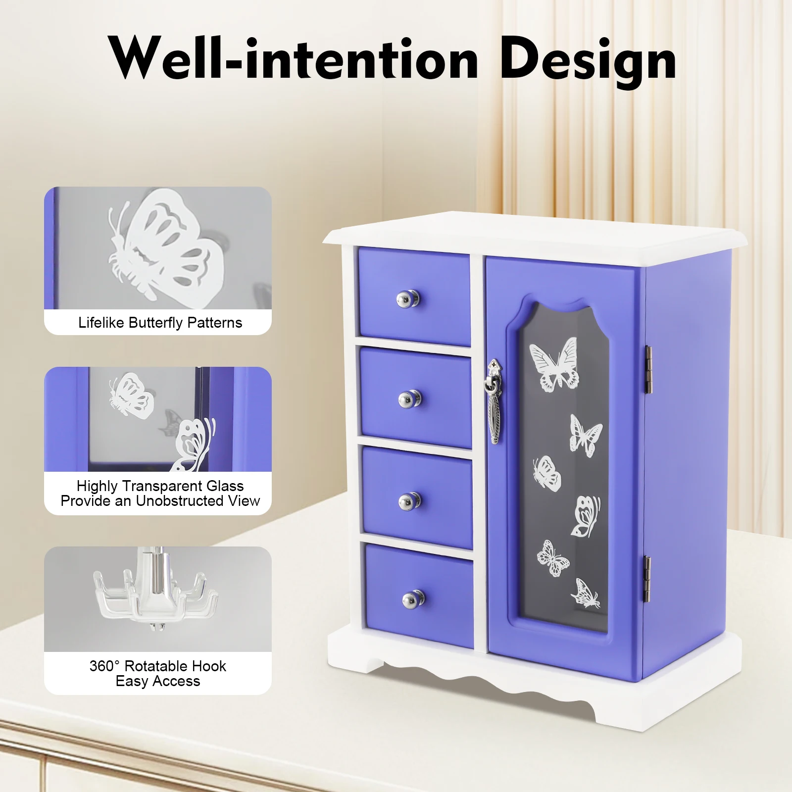 

Butterfly Jewelry Box Organizer with Rotating Hook, 4 Drawers Glass Door Wall Mirror, Large Capacity MDF Storage Cabinet