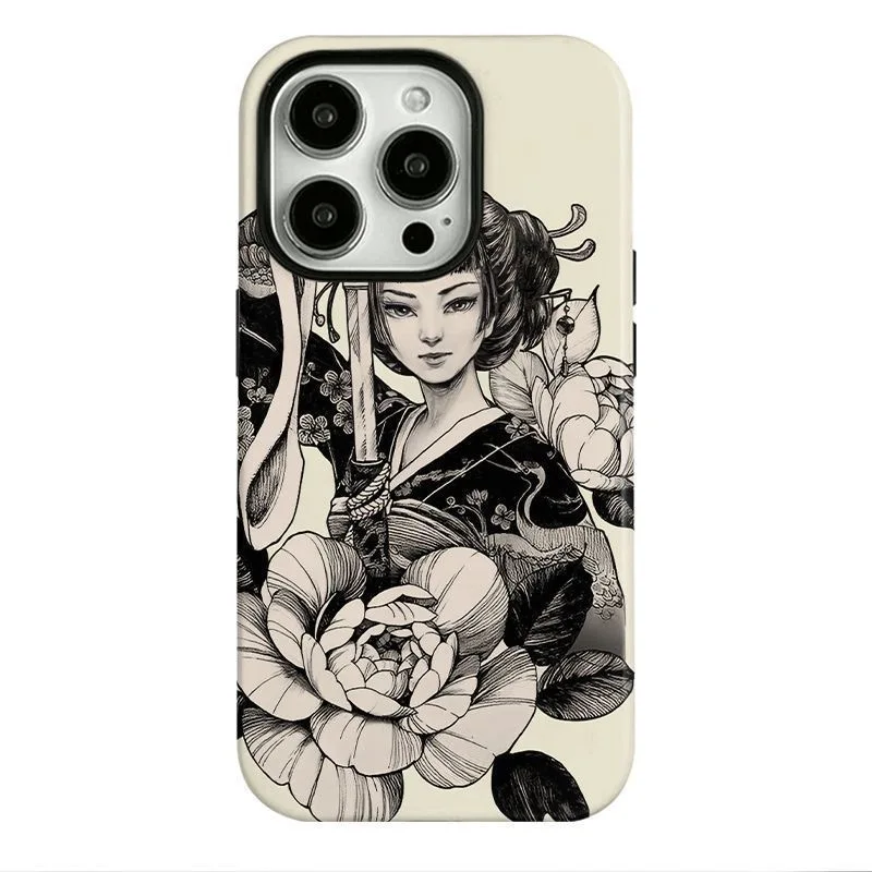 حافظة هاتف نسائية على الطراز الياباني كيمونو مع سيف وزهور لهاتف آيفون 17 16 15 14 11 12 13 Pro Max Air Plus غطاء خلفي