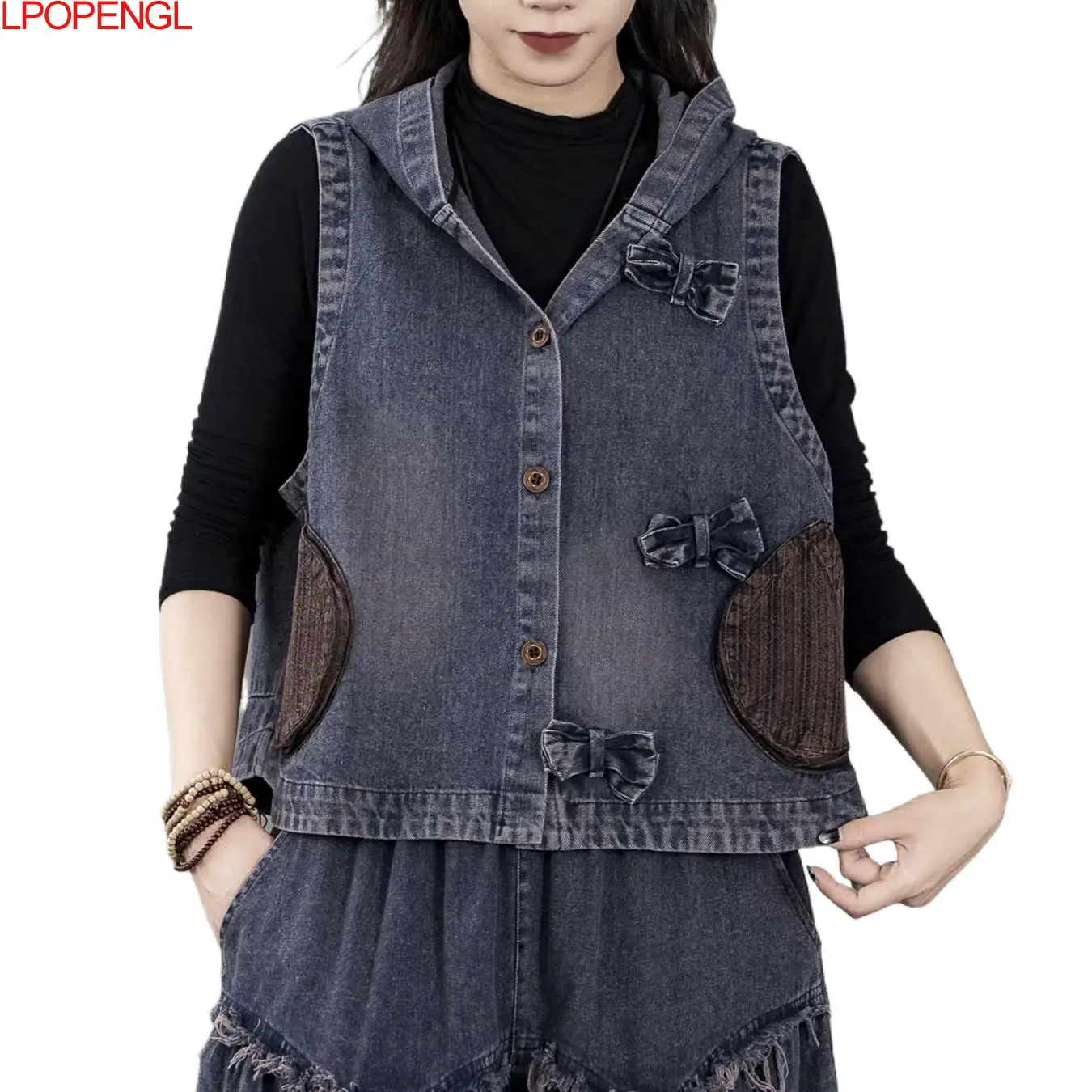 Fashion Ethnic Style Autumn Literary Retro Versatile Loose Casual Hooded Sleeveless Denim Vest Women\'s Single Breasted Outerwear