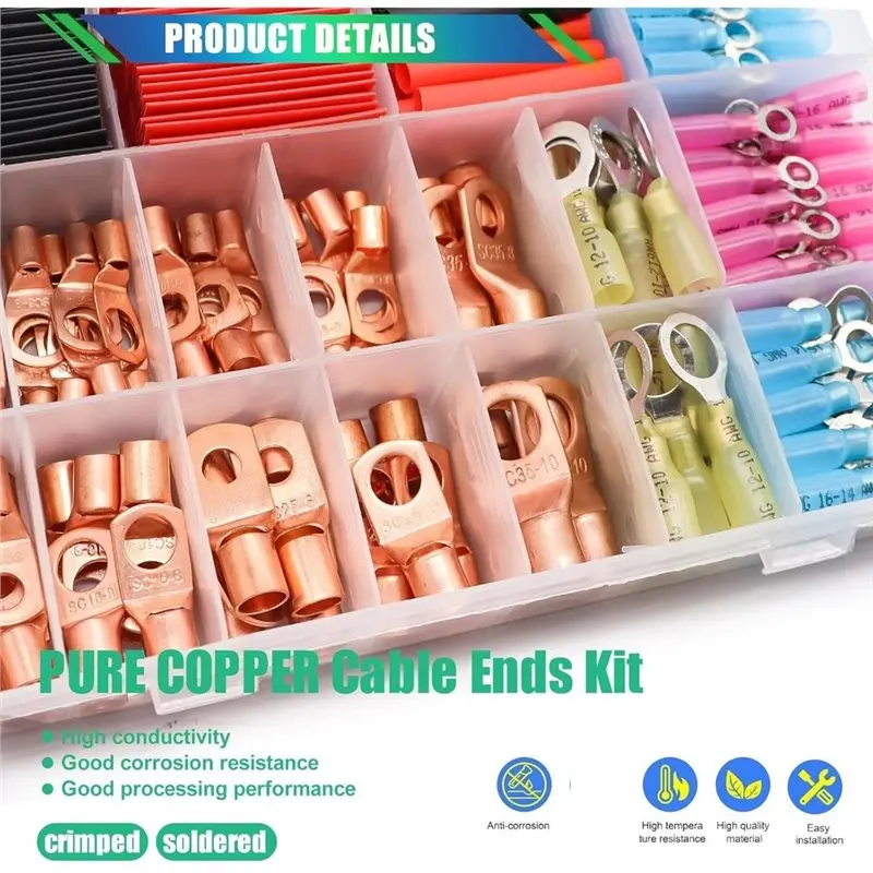 ABLJ 180-Piece Battery Cable Lug Set(AWG 2,4,6,8,10,12,14,16 Gauge)- Copper Ring Terminals With Heat Shrink Tubing And Hammer