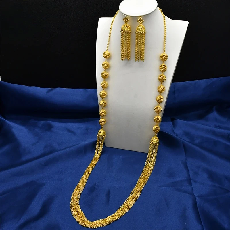 NEW Dubai Luxury Long Necklace&Earrings Sets for Bridal Indian 24k Gold Color Choker Jewelry With Tassel Earrings Banquet Gifts