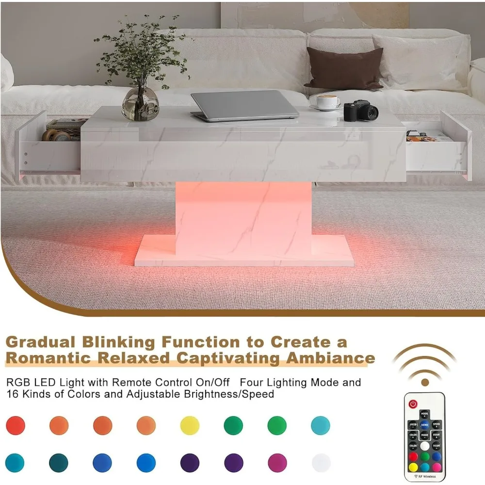 Modern Rectangular High Gloss White Marble LED Coffee Table with Storage Drawers for Living Room