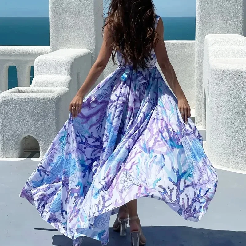 

Casual Swing Vacation Dress Fashion Contrast Color Printed Pleated Evening Dress Summer Sleeveless High Waist Beach Party Dress