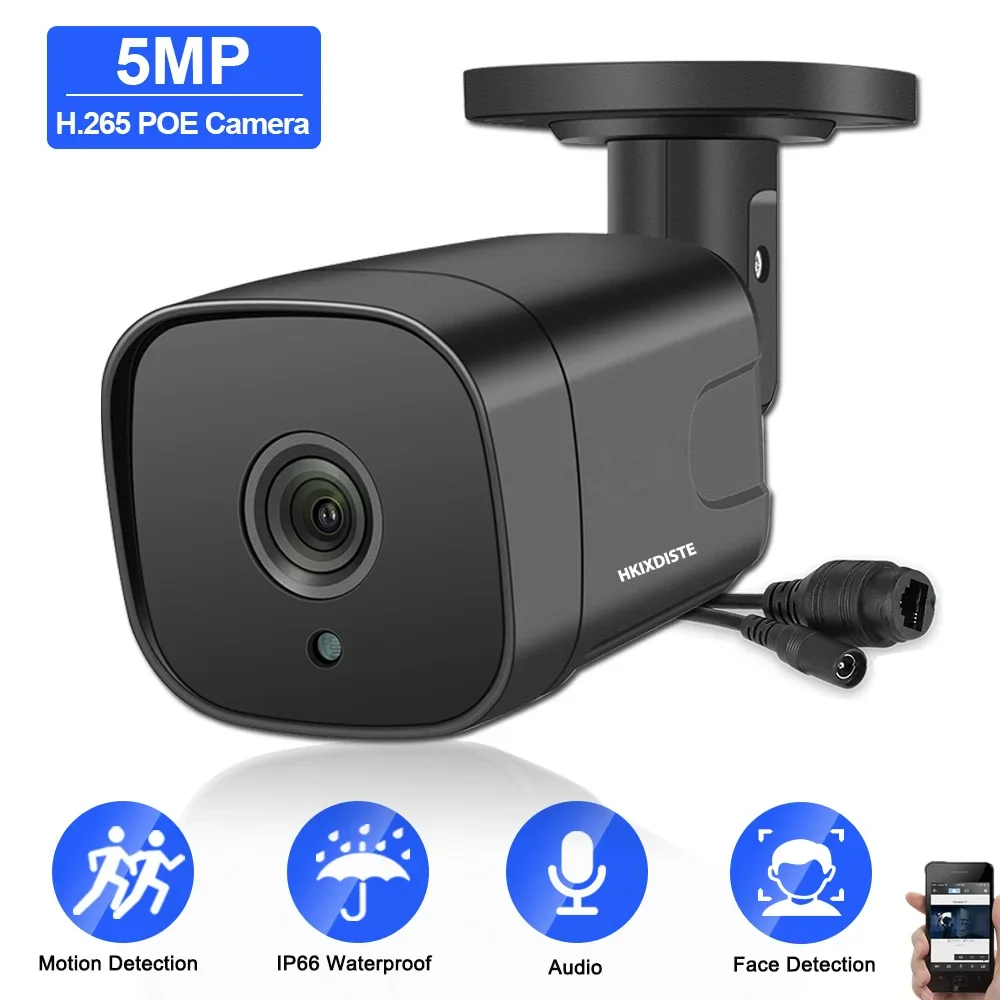 5MP HD POE IP Bullet Security Camera Outdoor H.265 POE CCTV Network Surveillance Camera Black Street Wateproof IP Monitoring Cam