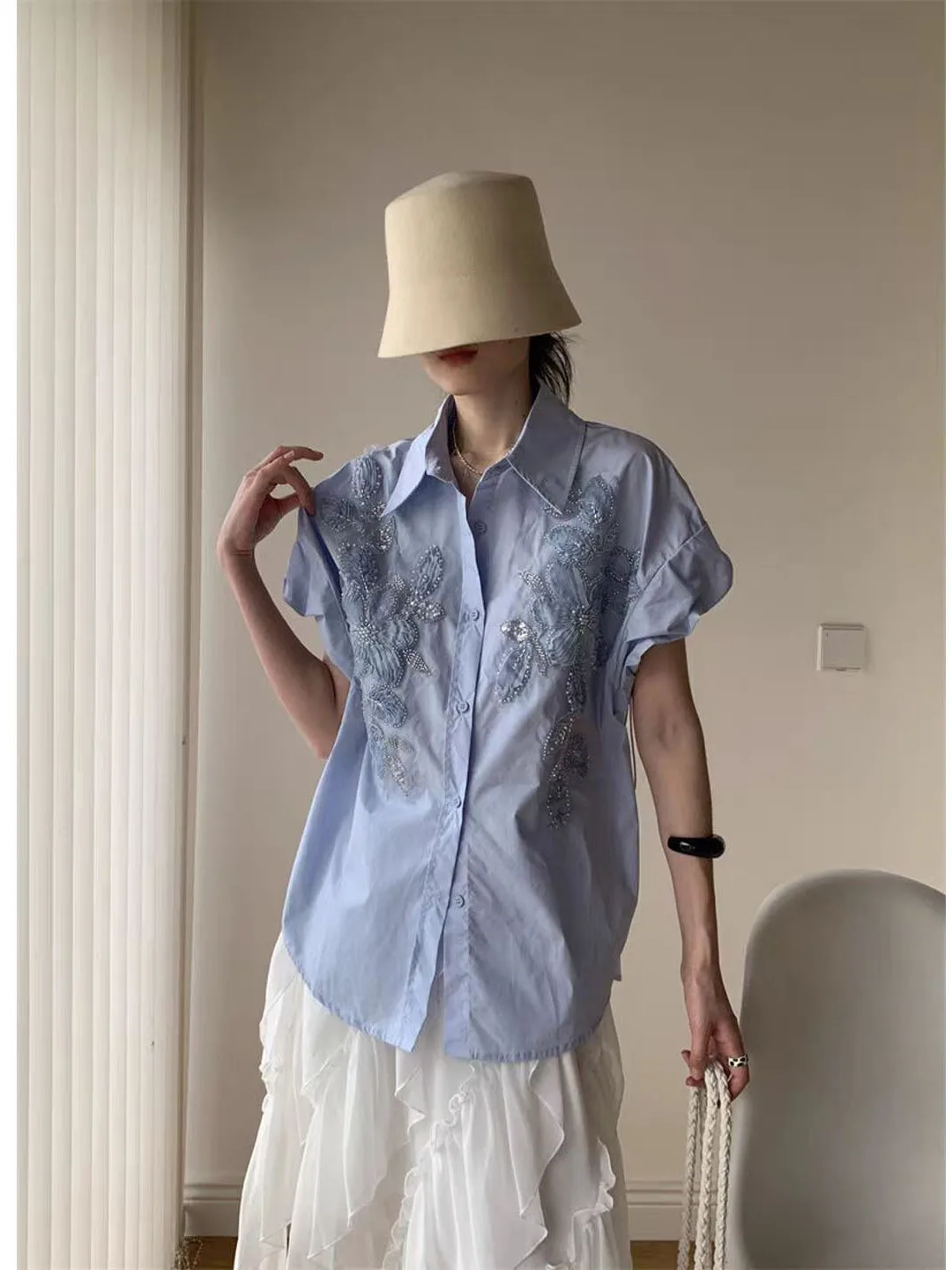 Heavy Embroidery Flower Loose Fit Shoulder Shirt with Drawstring Sleeve Large Size Korean Style Commute Shirt for Women