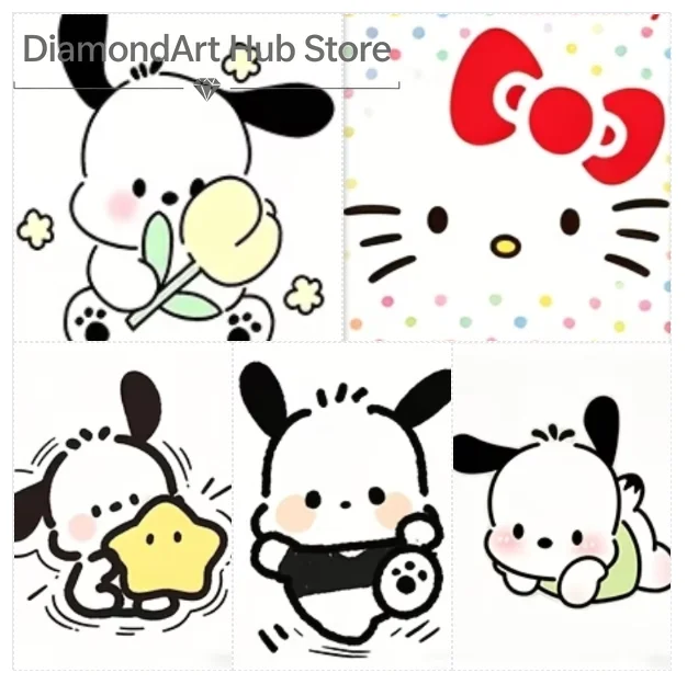 Pintura de diamantes 5D DIY, arte de dibujos animados de Sanrio, Pochacco con tulipán amarillo, Hello Kitty con cara de lunares, Pochacco con estrella.
