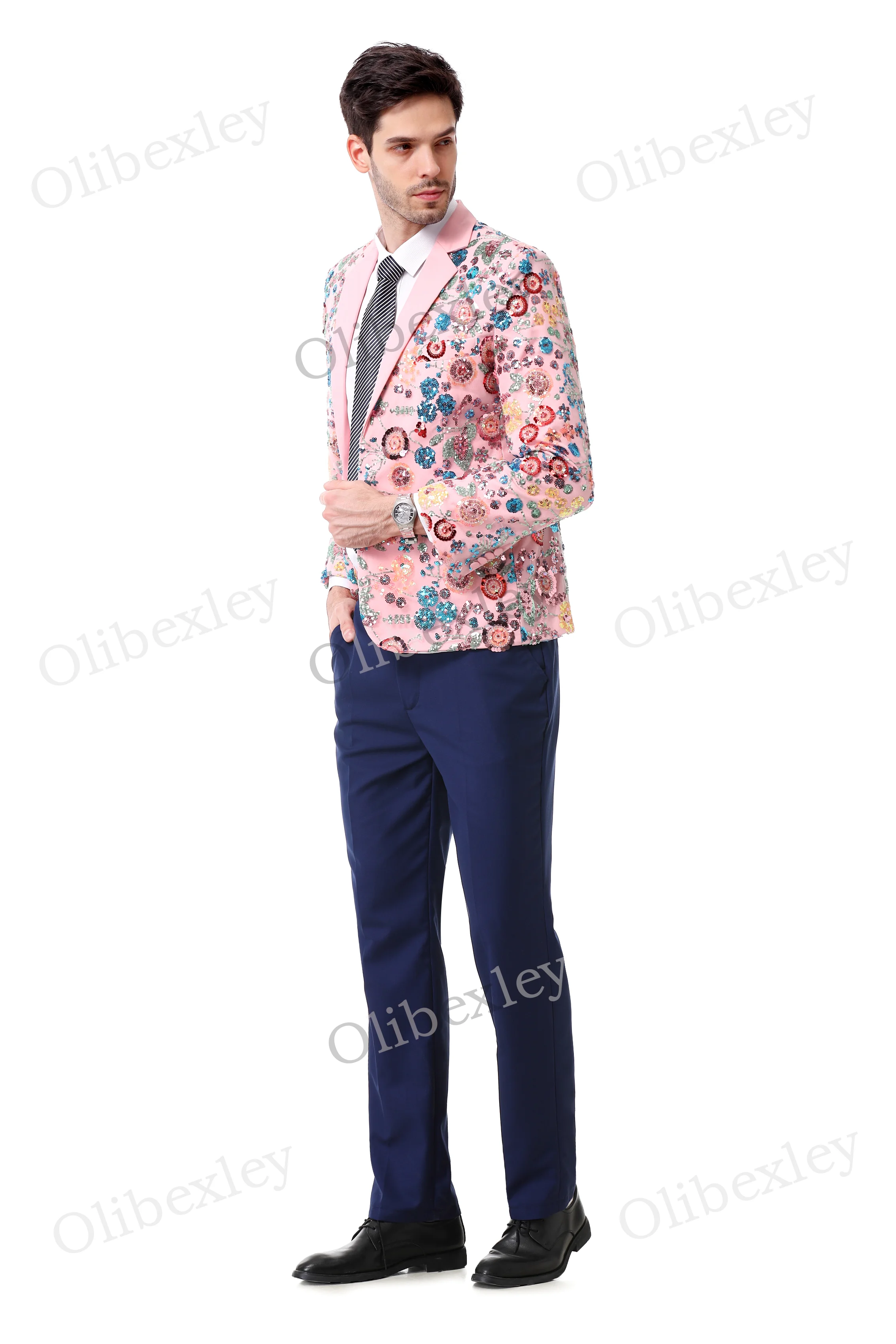 Olibexley Men's 2 piece suit One button Sequined Slim Fit Pink Jacket Suitable Weddings Groom Business Dinner Partys