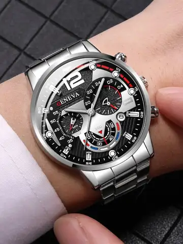 Fashion Men's Watches Stainless Steel Band Analog Quartz Wristwatch with Calendar