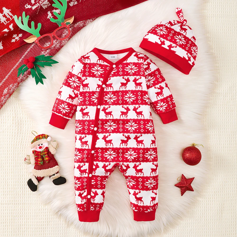 Christmas Unisex Baby Rompers Long Sleeve Boys Girl Animal Print With Button Jumpsuit+Hat 0-18 Months Red Playsuit Xmas Costumes