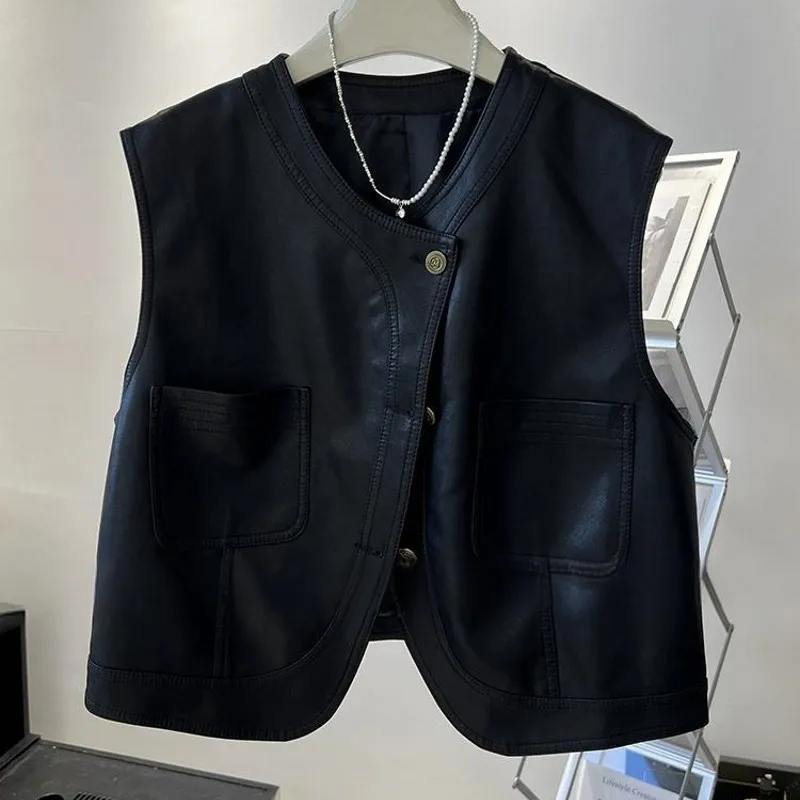 

Black O-Neck Vest Women Sleeveless Waistcoat Office Single Breasted Suit Vest Woman Cropped Tops Casual Vest 2025 leather vest