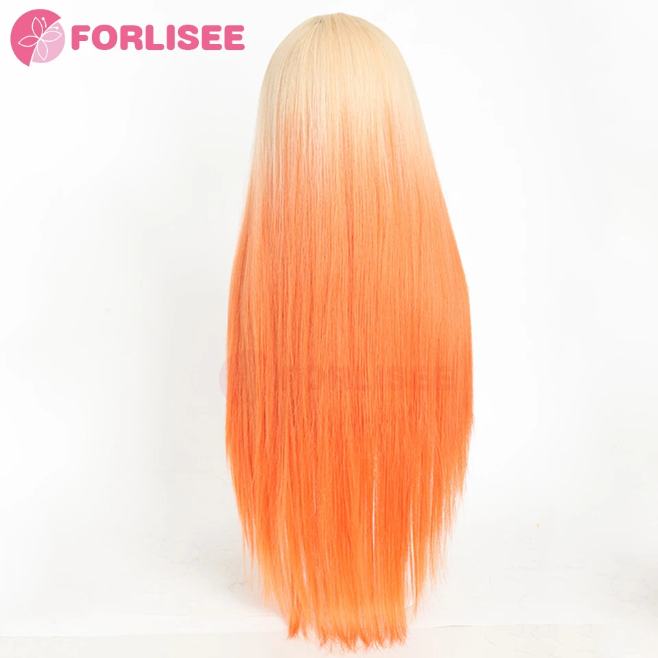 FORLISEE-peruca dianteira reta longa do laço para mulheres, cabelo sintético, sem cola, gradiente de laranja