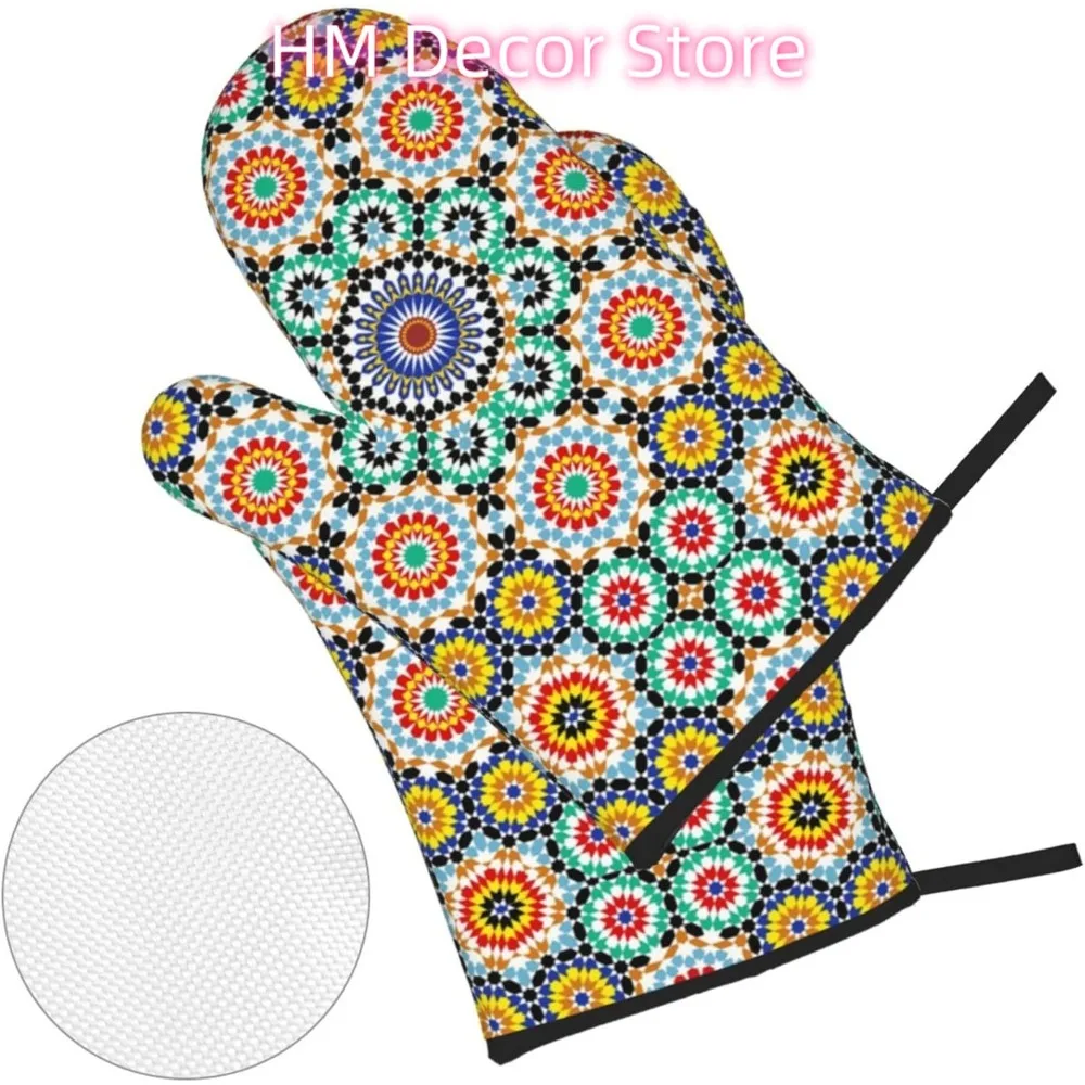 Moroccan Mosaic Oven Mitts and Pot Holders Sets of 4, Country Style Cooking Gloves Non-Slip Heat Resistant Polyester Oven Mitts