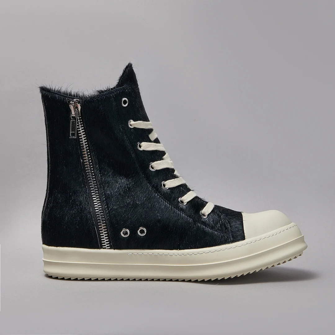 Ricks Fur Shoe Men Owens Genuine Leather Shoe Women Black Horsehair High Top Zipper Lace-up O-wens Real Leather Ankle Boot Women