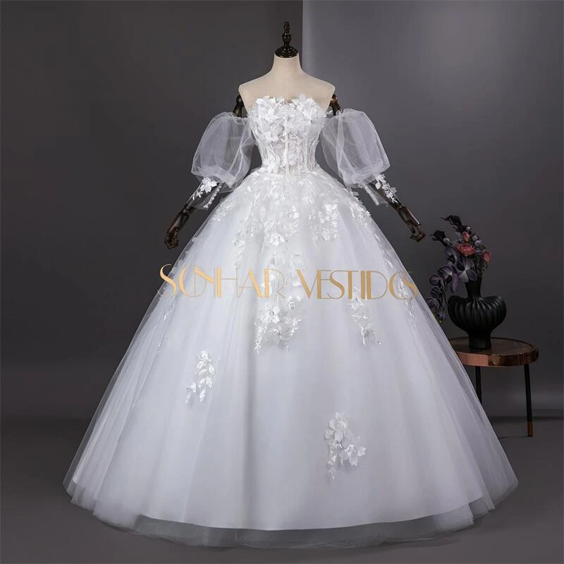 Sonhar Vestidos Sweet Wedding Dresses Detachable Puff Sleeves Wedding Party Dress Elegant Strapless Wedding Ball Gown Customized