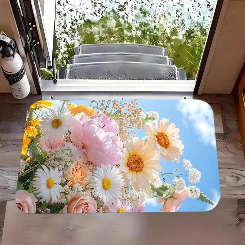Green Clover Daisy Leaf Print Door Mat Anti Slip Entrance Doormat Fresh Plant Floral Pattern Rug Kitchen Entryway Bedroom Decor