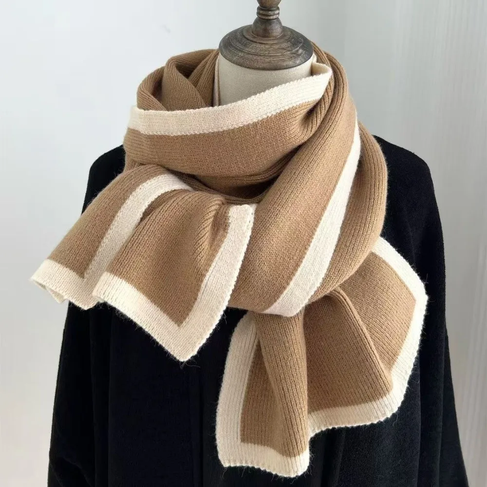Solid Color Winter Knit Scarf Warm Soft Material Contrast Edge Woolen Scarf Casual Style Double-Sided Design Neck Warmer