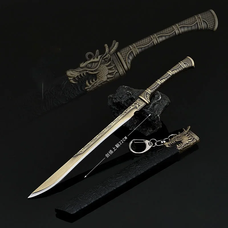 Espada medieval de 22cm, famosa espada longquan, brinquedo, dragão, tigre, faca, todo em metal com bainha, modelo de arma, ornamentos, coleções, presentes