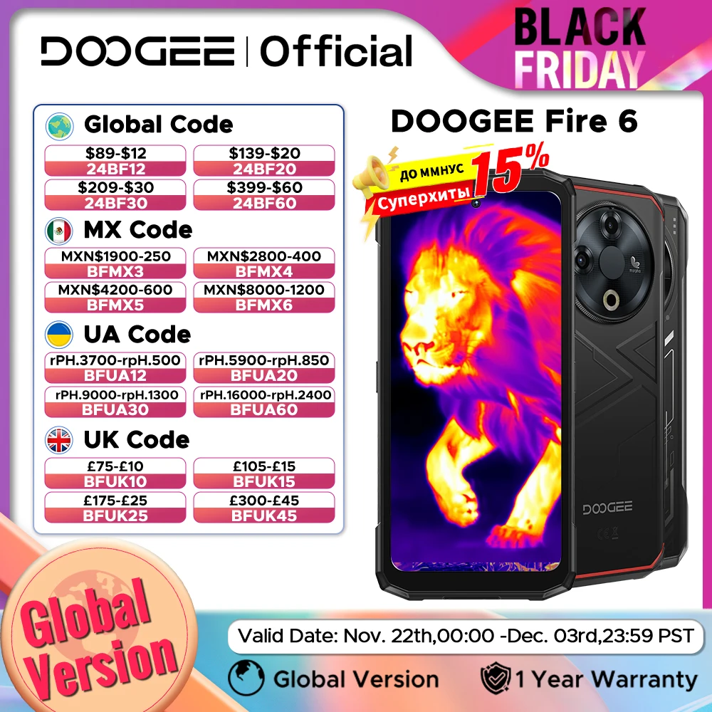 Global Version DOOGEE Fire 6 Rugged Phone 6GB 256GB Thermal Imaging 6.56