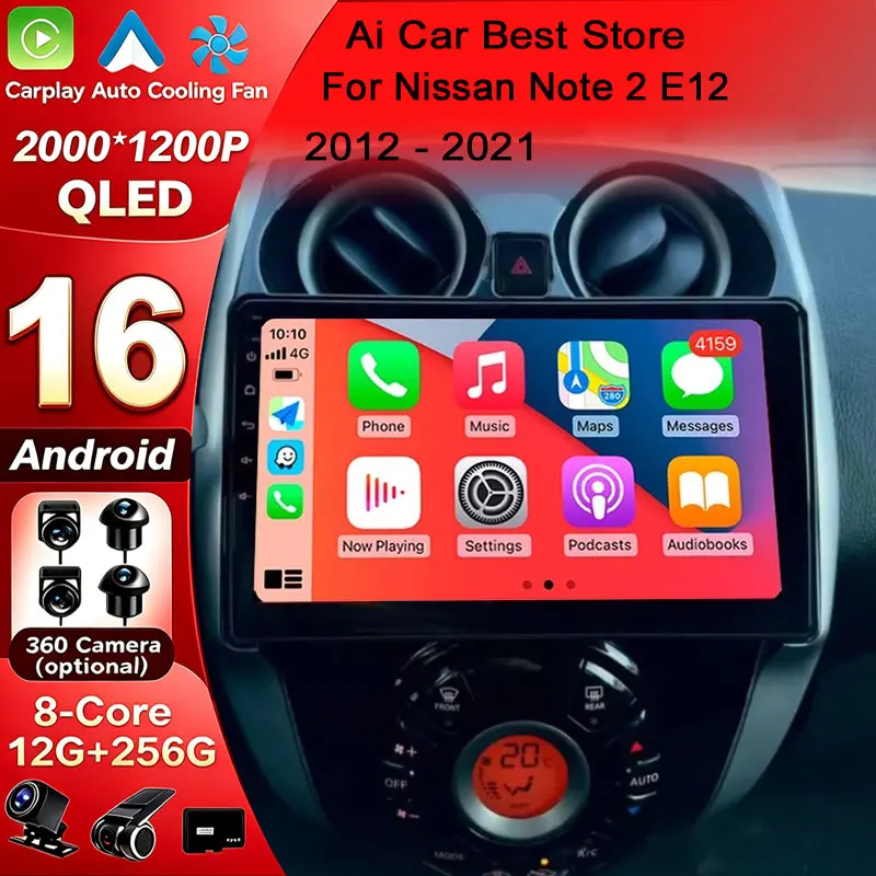 Android 16 Carplay Auto For Nissan Note 2 E12 2012-2021 with 4G+WiFi GPS Navigation Multimedia Video Player Stereo Bluetooth
