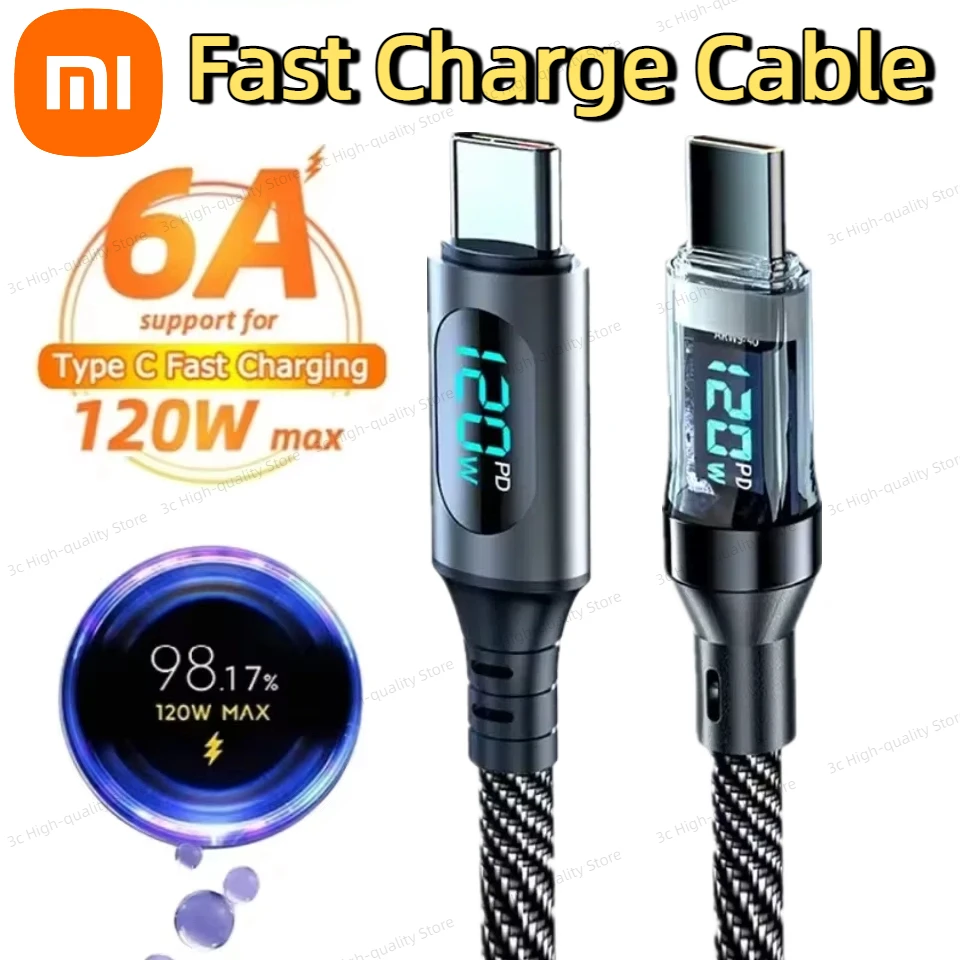 XIAOMI PD100W 120W USB A Type C vers USB C avec affichage numrique Led cble de Charge Super rapide pour Huawei Samsung S24 Oneplus 2025