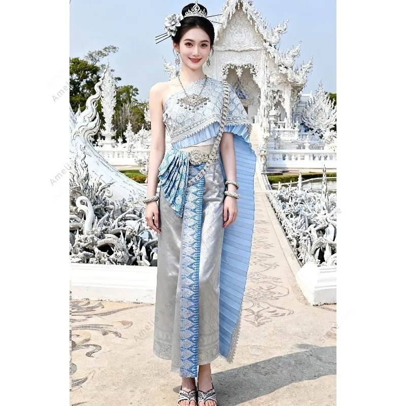 

Тайский сценический костюм для женщин: блестящее платье с пайетками для фотосессий, путешествий и этнических выступлений, элегантный тайский наряд (Чут Тай)