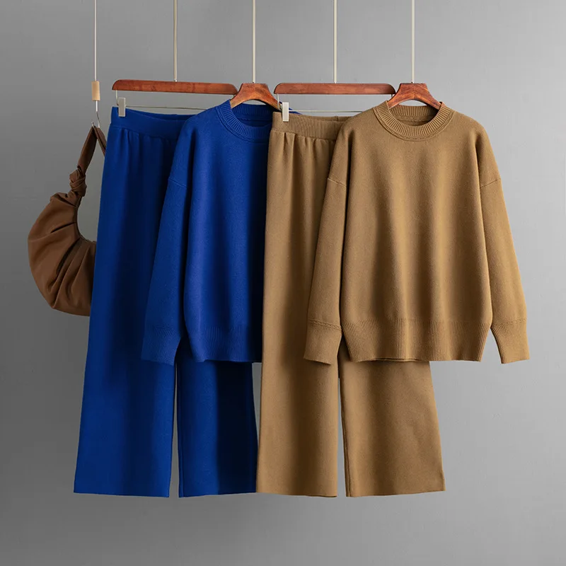 Set Rajutan Wanita Sweter Longgar Ne Bulat Celana Kaki Lebar Set Dua Potong Ansambel Musim Gugur Musim Dingin Faion Kasual