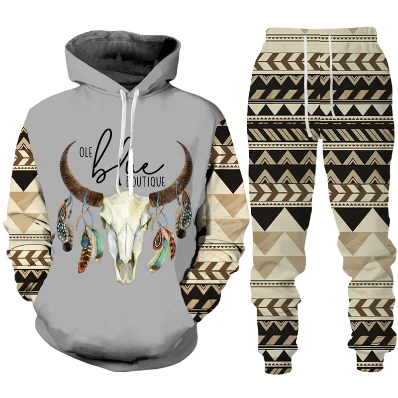 Autumn Vintage Tribal Cow Hooded 3D Printed Hoodie Suit Men Casual Sweatshirts Sweatpants Tracksuit Set Fashion Men's Clothing