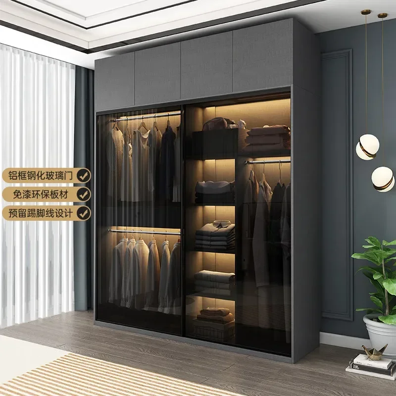 Bedroom Glass Sliding Door Wardrobe Clothes Storage Cabinet Closet Double Wardrobe Cabinets Wardrobes Furniture Modern Simple