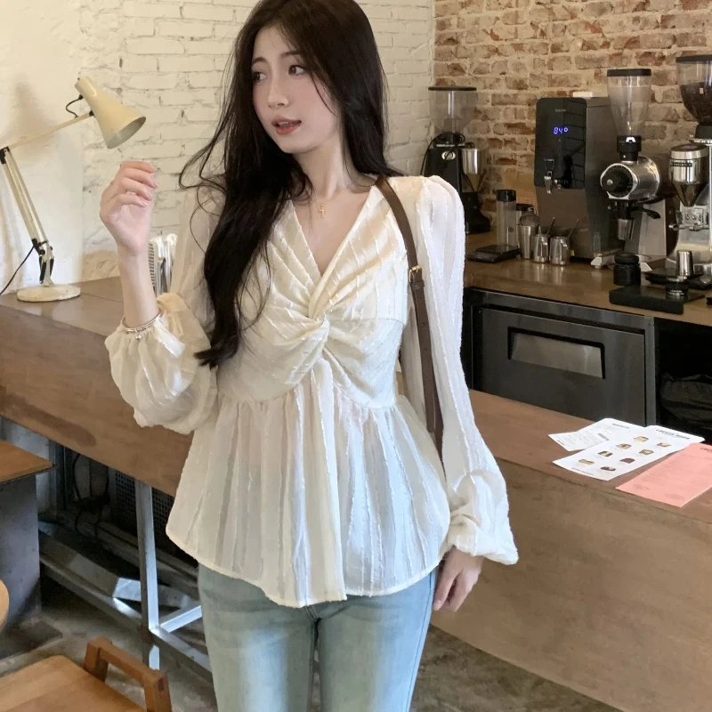 Shirt Women's Fashion Versatile French Twisted Long Sleeve Shirt Lantern Sleeve Back Pulling Top