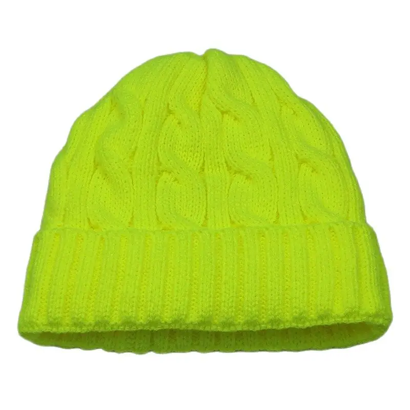 Warm Winter Skull Cap Fleece Inside Women Hats Cable Knitted Beanies Neon Yellow White Black Red Fluoresce Orange Fashion Colors