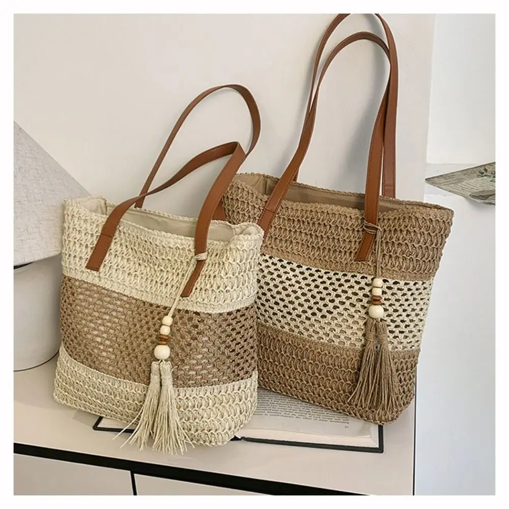 

Top-handle Hollow Out Straw Shoulder Bag Breathable Casual Weave Tote Bag Bohemian with Tassel Summer Beach Bag Travel
