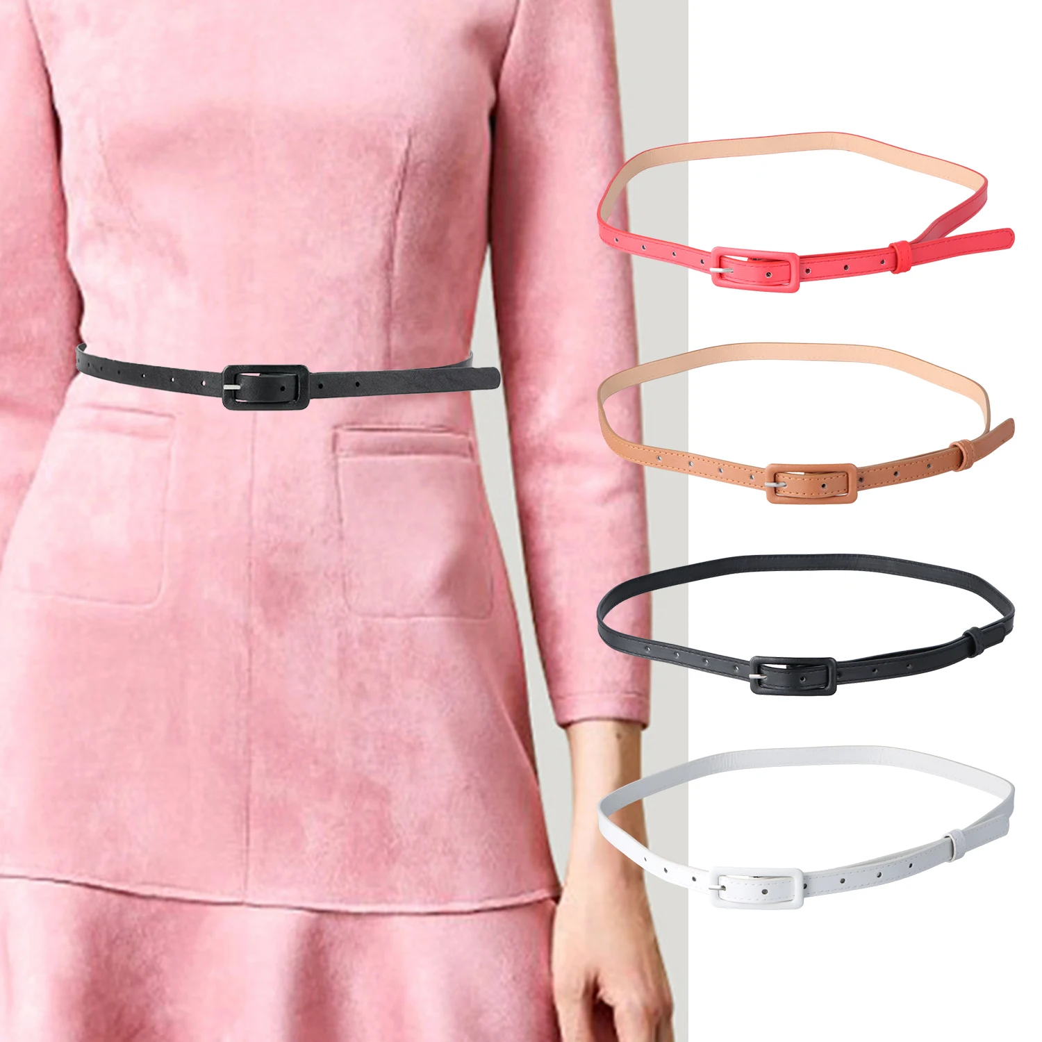 Multi-color Lady's Slender Thin Belt Square Head Pin Buckle Women Waist Belt Elastic Waist Candy Color Jeans Buckle Belt