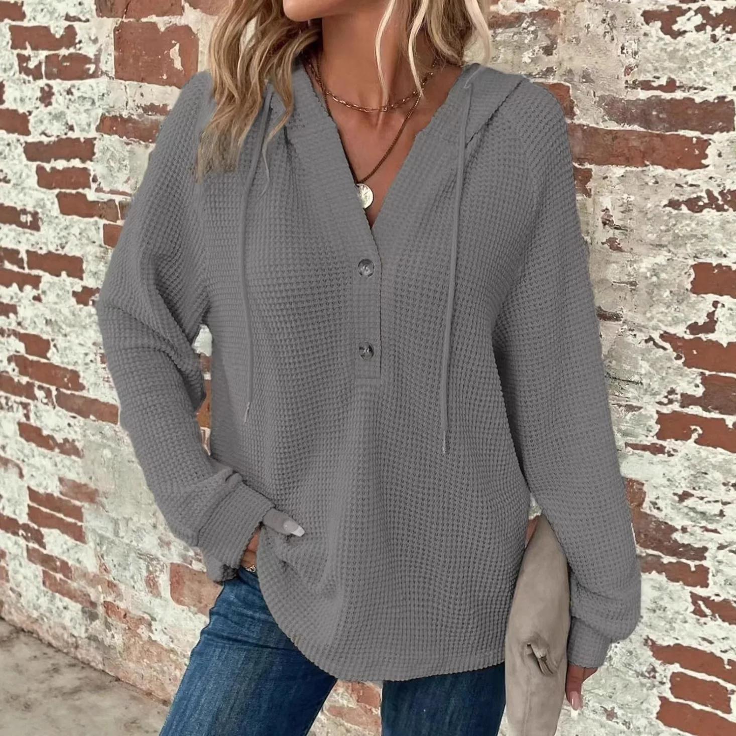Hoodies women 2026 casual New Waffle knit drawstring button V-neck long-sleeved sports sweatshirt women's clothing