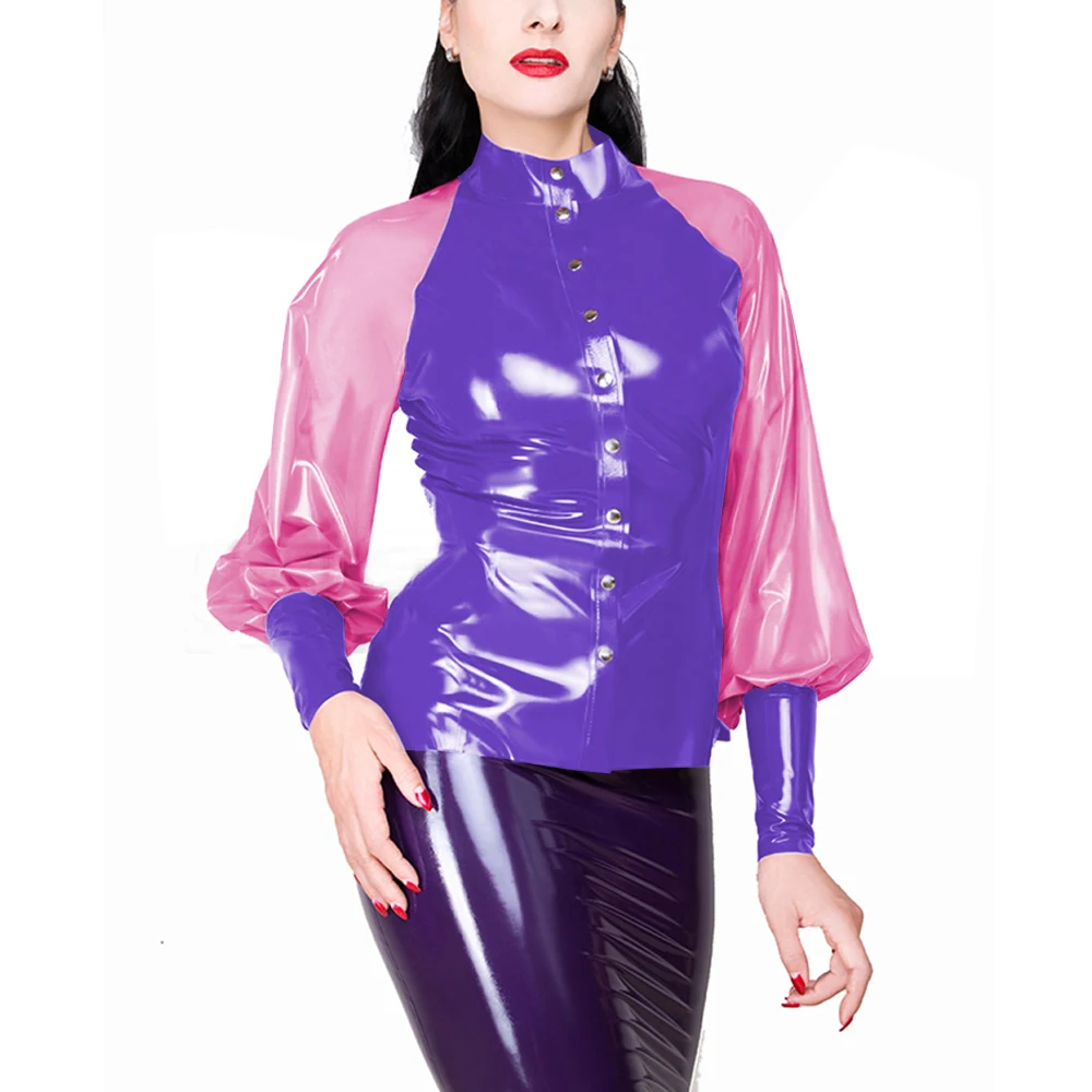 Women's Sexy Clear PVC Long Lantern Sleeve Blouse,Button Stand Neck,Elegant Female Shirt, Patchwork, Vintage Ladies Top,Fashion