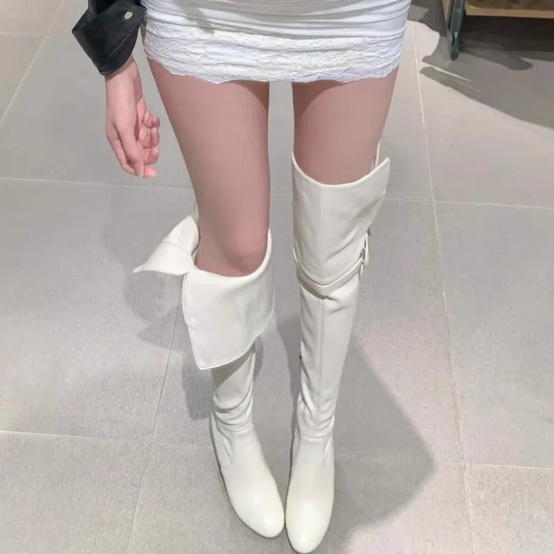 

Fashion Long Tube Boots Women's Pointed Toe Thick Heel Slimming Belt Buckle Two-Way High-Tube Autumn New Style Retro Boots