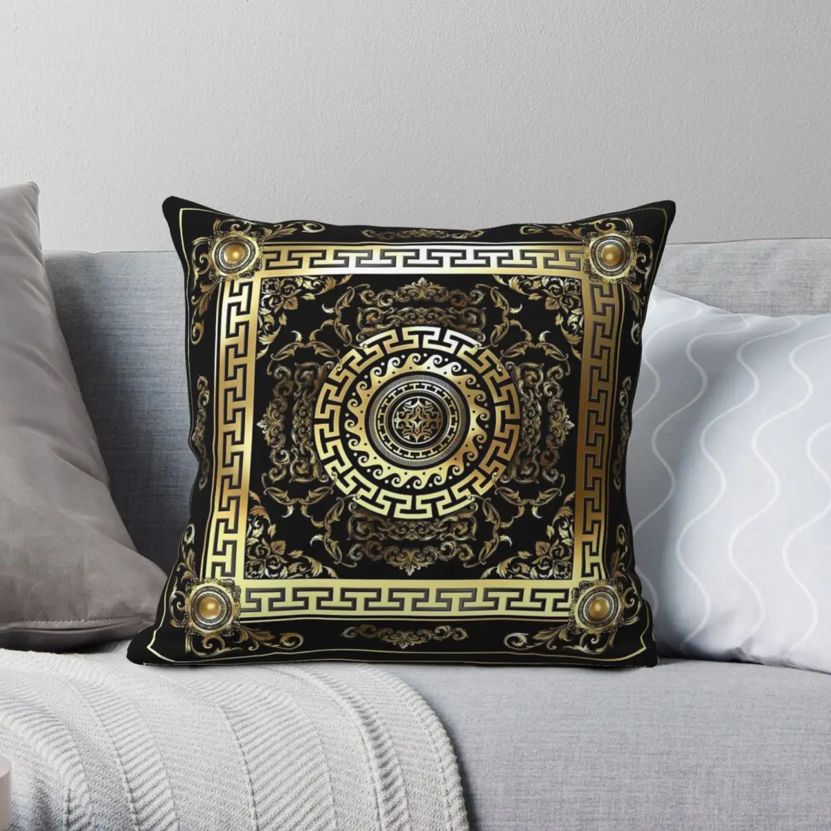 Baroque Gold Black Greek Key Meander Square Pillowcase Polyester Linen Velvet Pattern Zip Decor Home Cushion Cover