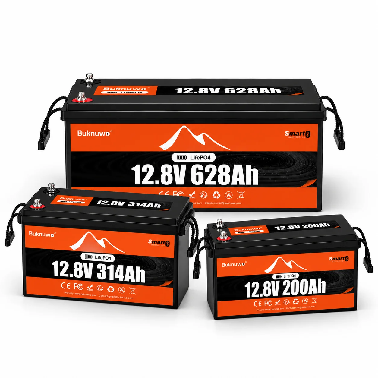 BUKNUWO Deep Cycle LiFePO4 Lithium Battery 100Ah 150Ah 314Ah 628Ah for Campervan Marine Solar Storage Intelligent BMS Sub-Zero Protection