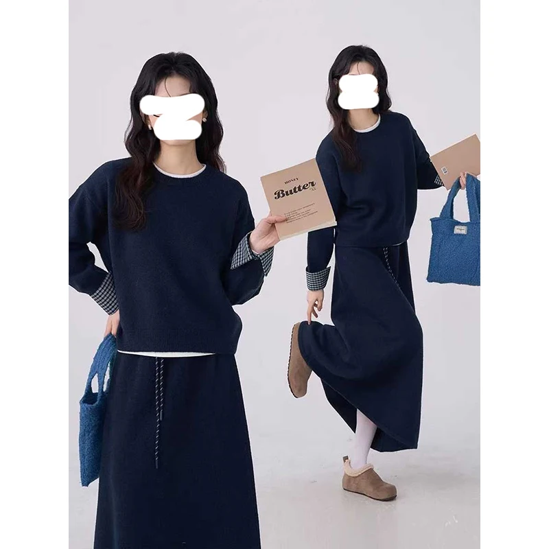 Anti-envelhecimento outono inverno coreano sle conjunto de camisola de malha feminina com punhos emendados casual solto ajuste saia conjunto de duas peças