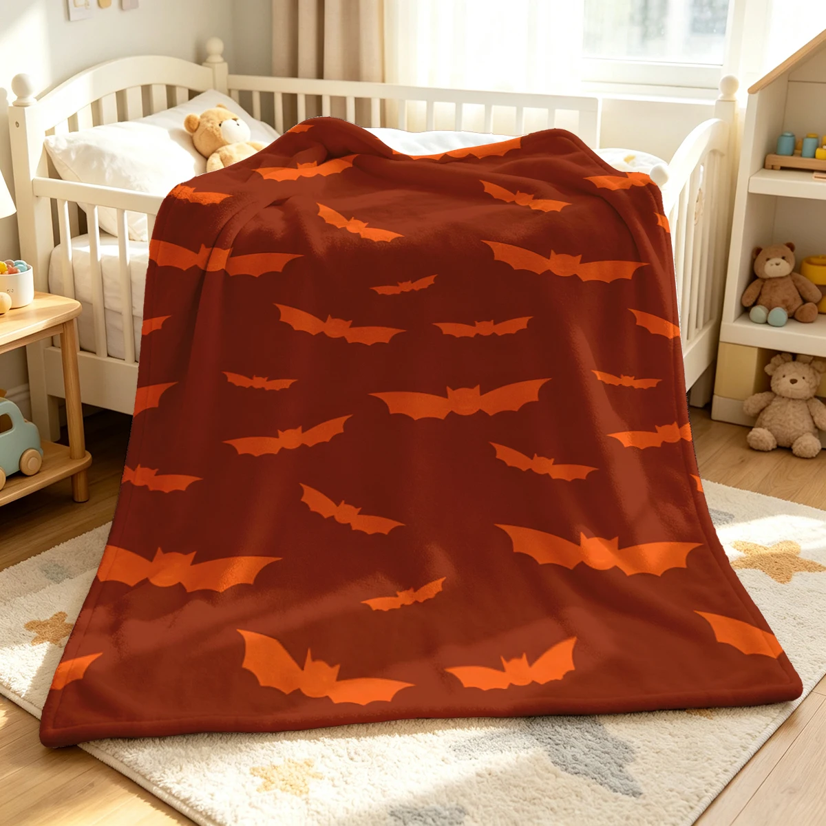 Red Orange Bat Shapes Soft Fluffy Flannel Blanket Super Cozy Lightweight Bed Blanket for Halloween Sofa Bed Christmas Decor