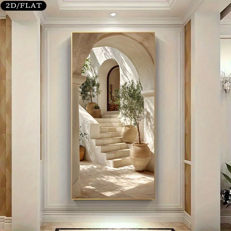 1 قطعة كبيرة شجرة زيتون البحر الأبيض المتوسط خطوات قماش طباعة الحديثة البيج الأبيض اليونانية جزيرة المشهد الجدار ملصق فني للديكور المنزل #4