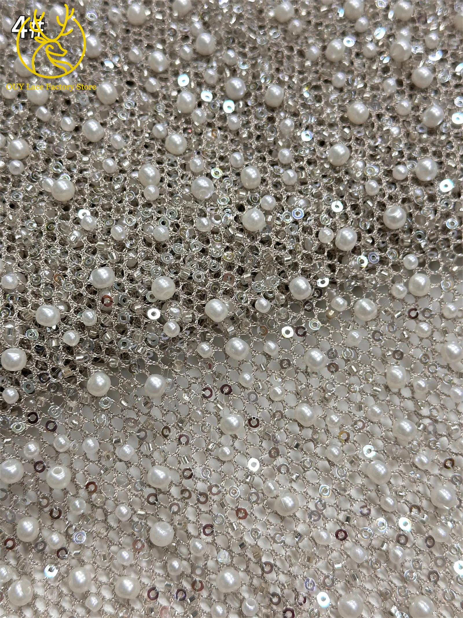 Neuer Stil Afrikanischer Perlen-Spitzenstoff Hochwertiger nigerianischer Perlen-Pailletten-Spitzenstoff Luxuriöser französischer Netzstoff zum Nähen von Hochzeitskleidern – Detail 17