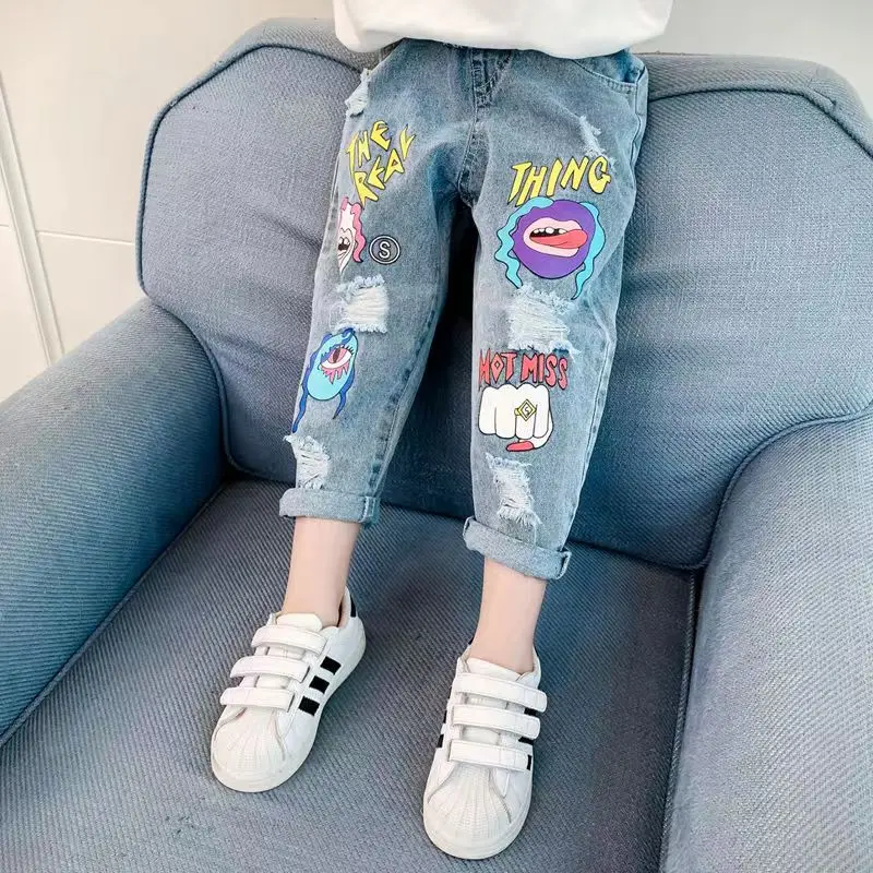 Kids Girls Jeans 2023 New Spring And Autumn Korean Edition Clothing Dad Pants Medium Size Loose Fit Children\'s Perforated Pants