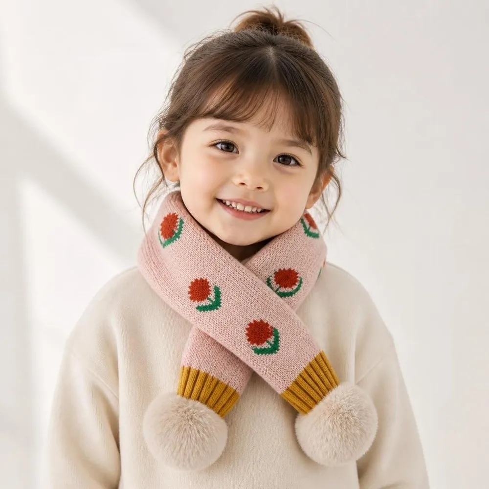 Jacquard Pattern Children Knitted Scarf Flower Print Windproof Girls Scarf Warm Neck Cover Pompon Boys Anti-Cold Scarf